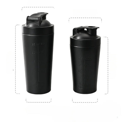 Botella coctelera de proteína en polvo de acero inoxidable, 500ML/750ML, con bola de acero y escala, a prueba de fugas, para gimnasio, Fitness, deporte, batidos de suero