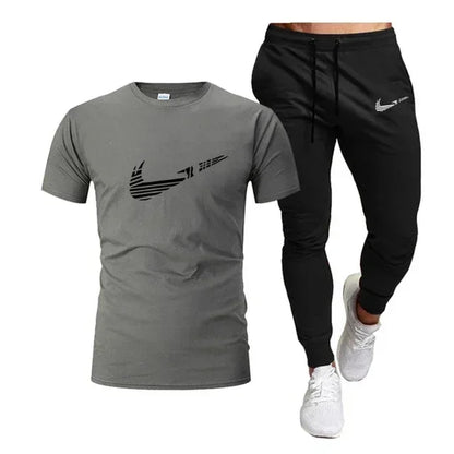 2025 Camiseta deportiva de verano para hombre, camiseta de algodón puro + pantalones largos finos, conjunto de 2 piezas transpirable y de secado rápido