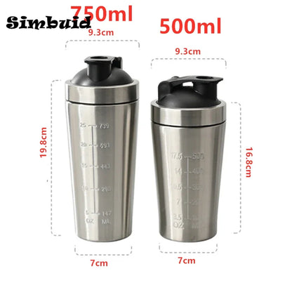 Botella coctelera de proteína en polvo de acero inoxidable, 500ML/750ML, con bola de acero y escala, a prueba de fugas, para gimnasio, Fitness, deporte, batidos de suero