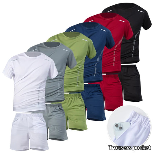 Conjunto deportivo informal de secado rápido para hombre, pantalones cortos holgados de talla grande para adolescentes, correr y Fitness, pantalones cortos con bolsillos de manga corta, 2 uds.