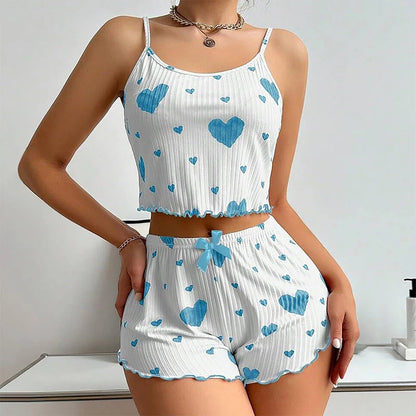 Conjunto de pijamas para mujer Ropa de dormir 2 piezas Camisetas sin mangas cortas y pantalones cortos S M L Blanco Ventilar Suave Casual Impresión de amor