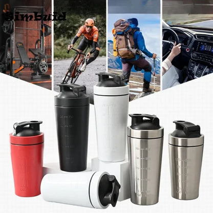 Botella coctelera de proteína en polvo de acero inoxidable, 500ML/750ML, con bola de acero y escala, a prueba de fugas, para gimnasio, Fitness, deporte, batidos de suero