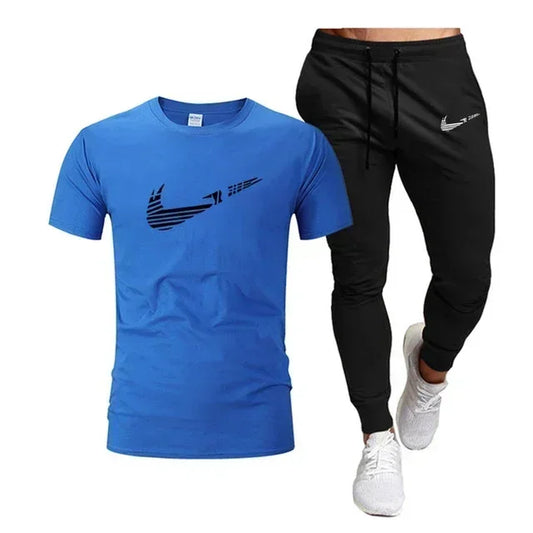 2025 Camiseta deportiva de verano para hombre, camiseta de algodón puro + pantalones largos finos, conjunto de 2 piezas transpirable y de secado rápido
