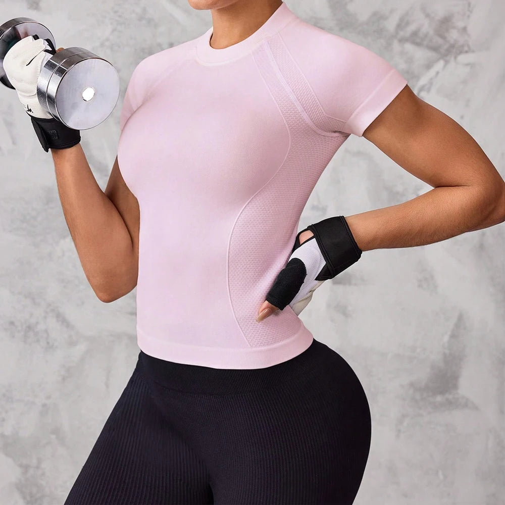 Top deportivo de manga corta para mujer, tejido transpirable y de secado rápido, adecuado para correr y yoga,