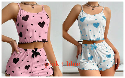 Conjunto de pijamas para mujer Ropa de dormir 2 piezas Camisetas sin mangas cortas y pantalones cortos S M L Blanco Ventilar Suave Casual Impresión de amor