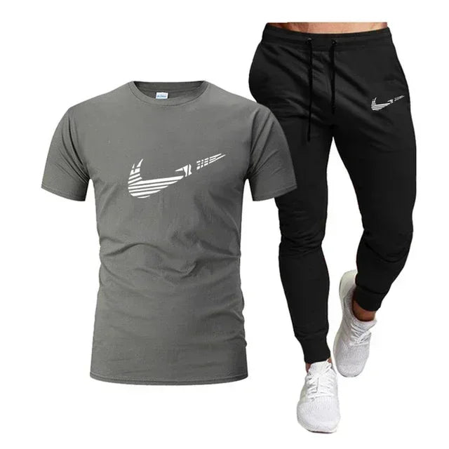 2025 Camiseta deportiva de verano para hombre, camiseta de algodón puro + pantalones largos finos, conjunto de 2 piezas transpirable y de secado rápido