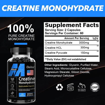 Daitea Creatine Monohidratos de 3000 mg: Fuerza, Músculo y Rendimiento, Suplemento Nutritivo para Adultos Compatible con Keto
