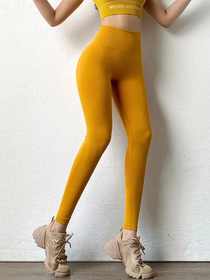 Mallas lisas de cintura alta para mujer, medias ajustadas sin costuras, mallas elásticas para Fitness y Yoga, pantalones de entrenamiento de gimnasio a la moda de punto con realce en el trasero