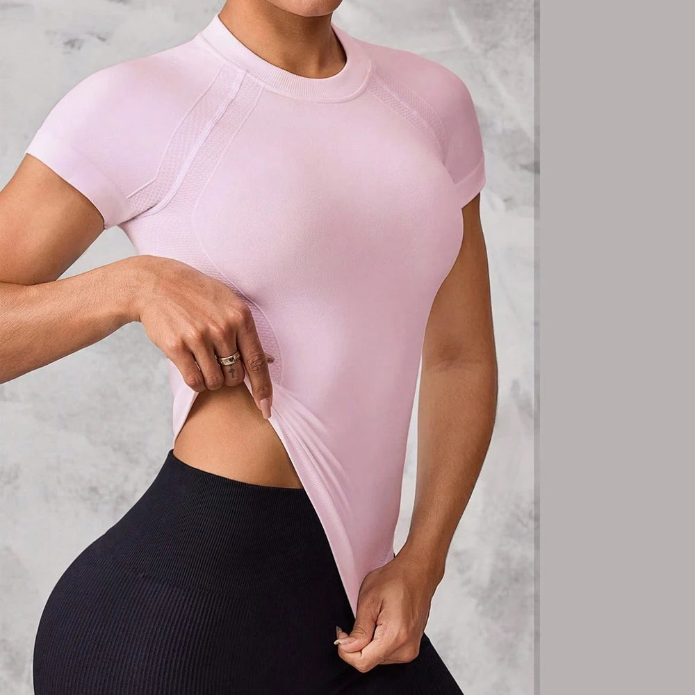 Top deportivo de manga corta para mujer, tejido transpirable y de secado rápido, adecuado para correr y yoga,