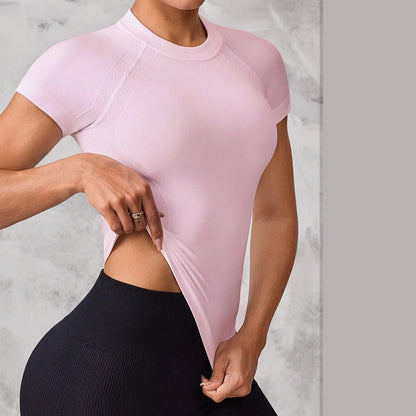 Top deportivo de manga corta para mujer, tejido transpirable y de secado rápido, adecuado para correr y yoga,