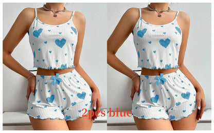 Conjunto de pijamas para mujer Ropa de dormir 2 piezas Camisetas sin mangas cortas y pantalones cortos S M L Blanco Ventilar Suave Casual Impresión de amor