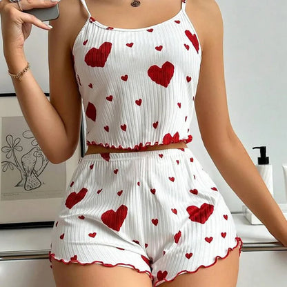 Conjunto de pijamas para mujer Ropa de dormir 2 piezas Camisetas sin mangas cortas y pantalones cortos S M L Blanco Ventilar Suave Casual Impresión de amor