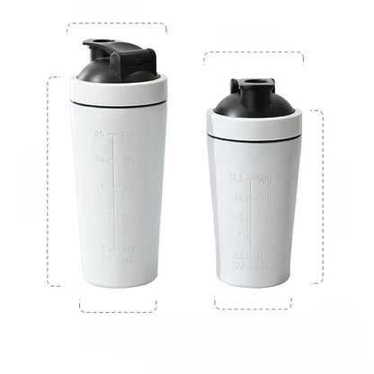 Botella coctelera de proteína en polvo de acero inoxidable, 500ML/750ML, con bola de acero y escala, a prueba de fugas, para gimnasio, Fitness, deporte, batidos de suero