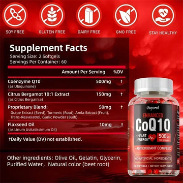 Suplemento CoQ10: apoya la salud cardíaca y cardiovascular, antienvejecimiento, suplemento energético, sin gluten, sin OGM