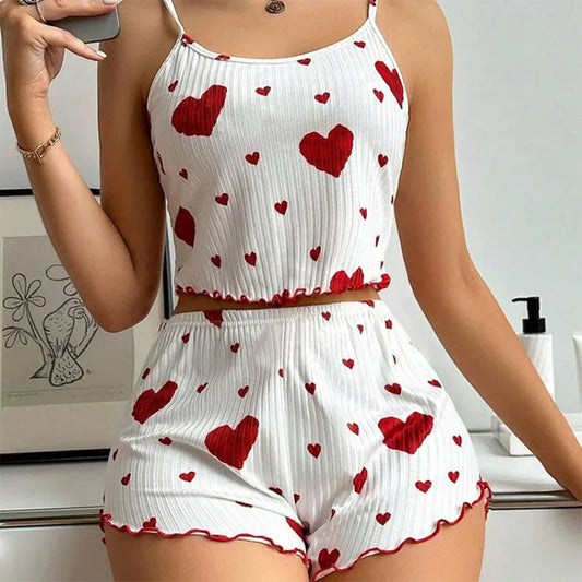 Conjunto de pijamas para mujer Ropa de dormir 2 piezas Camisetas sin mangas cortas y pantalones cortos S M L Blanco Ventilar Suave Casual Impresión de amor