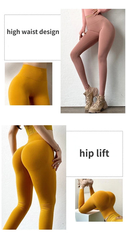 Mallas lisas de cintura alta para mujer, medias ajustadas sin costuras, mallas elásticas para Fitness y Yoga, pantalones de entrenamiento de gimnasio a la moda de punto con realce en el trasero
