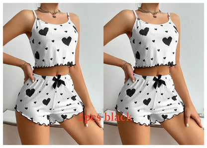 Conjunto de pijamas para mujer Ropa de dormir 2 piezas Camisetas sin mangas cortas y pantalones cortos S M L Blanco Ventilar Suave Casual Impresión de amor